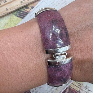 Sterling Silver Dark Pink Gemstone Wide Chunky Heavy Link Bracelet Marked 925